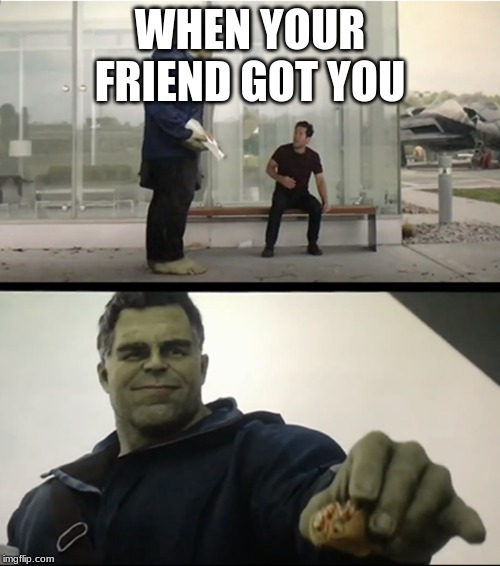 Hulk gives Antman taco | WHEN YOUR FRIEND GOT YOU | image tagged in hulk gives antman taco | made w/ Imgflip meme maker