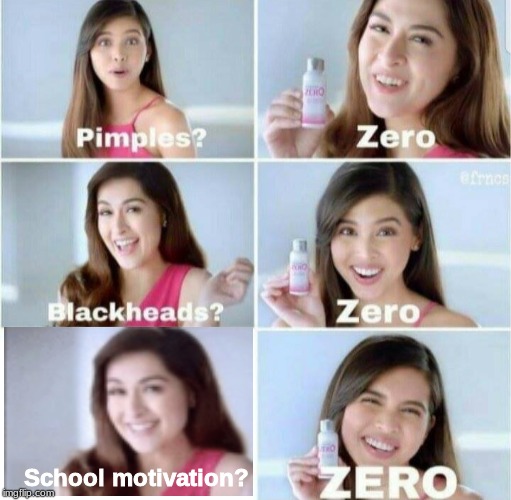 Pimples? Zero. Blackheads? Zero. School Motivation? ZERO. | School motivation? | image tagged in pimples zero,school | made w/ Imgflip meme maker