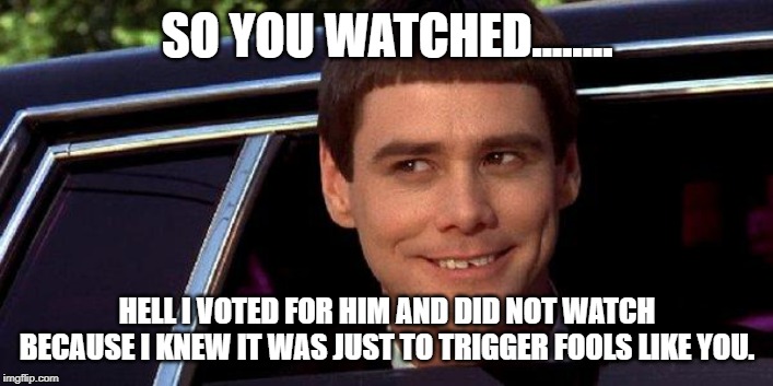 dumb and dumber | SO YOU WATCHED........ HELL I VOTED FOR HIM AND DID NOT WATCH BECAUSE I KNEW IT WAS JUST TO TRIGGER FOOLS LIKE YOU. | image tagged in dumb and dumber | made w/ Imgflip meme maker