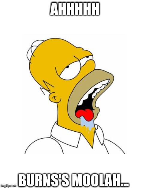 Homer Simpson Drooling | AHHHHH; BURNS'S MOOLAH... | image tagged in homer simpson drooling | made w/ Imgflip meme maker