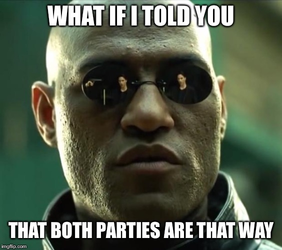 Morpheus  | WHAT IF I TOLD YOU THAT BOTH PARTIES ARE THAT WAY | image tagged in morpheus | made w/ Imgflip meme maker