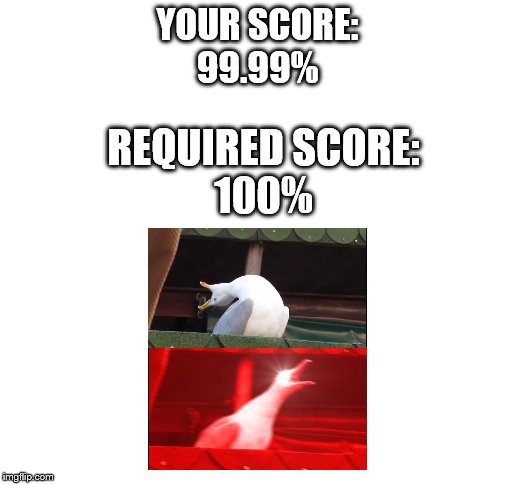 When ur a perfectionist | YOUR SCORE:
99.99%; REQUIRED SCORE:
100% | image tagged in blank white template | made w/ Imgflip meme maker