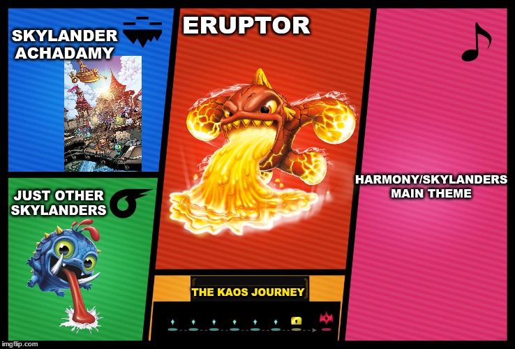 Smash Ultimate DLC fighter profile | SKYLANDER ACHADAMY; ERUPTOR; HARMONY/SKYLANDERS MAIN THEME; JUST OTHER SKYLANDERS; THE KAOS JOURNEY | image tagged in smash ultimate dlc fighter profile | made w/ Imgflip meme maker