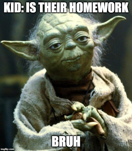 Star Wars Yoda | KID: IS THEIR HOMEWORK; BRUH | image tagged in memes,star wars yoda | made w/ Imgflip meme maker