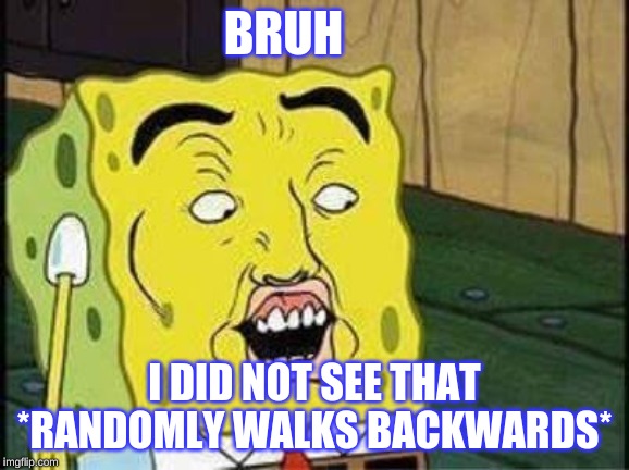 sponge bob bruh | BRUH; I DID NOT SEE THAT *RANDOMLY WALKS BACKWARDS* | image tagged in sponge bob bruh | made w/ Imgflip meme maker