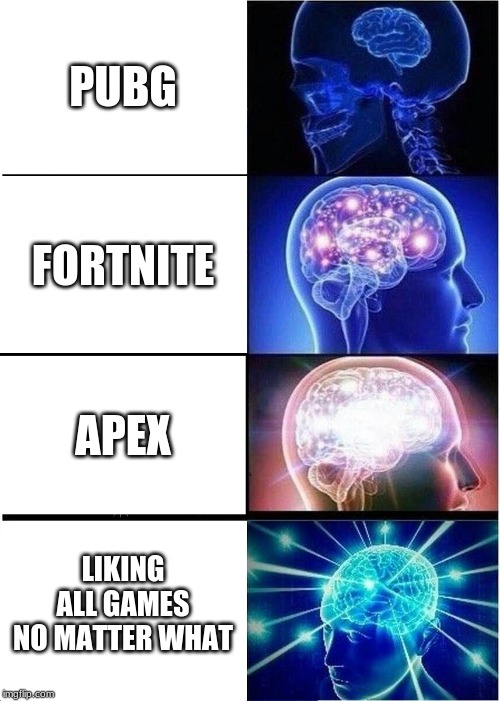 Expanding Brain | PUBG; FORTNITE; APEX; LIKING ALL GAMES NO MATTER WHAT | image tagged in memes,expanding brain | made w/ Imgflip meme maker