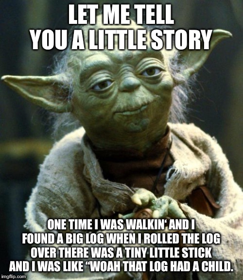 The stick story | LET ME TELL YOU A LITTLE STORY; ONE TIME I WAS WALKIN‘ AND I FOUND A BIG LOG WHEN I ROLLED THE LOG OVER THERE WAS A TINY LITTLE STICK AND I WAS LIKE “WOAH THAT LOG HAD A CHILD. | image tagged in memes,star wars yoda | made w/ Imgflip meme maker