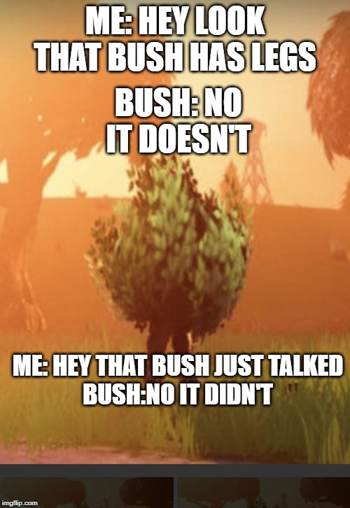 Fortnite bush | ME: HEY LOOK THAT BUSH HAS LEGS; BUSH: NO IT DOESN'T; ME: HEY THAT BUSH JUST TALKED
BUSH:NO IT DIDN'T | image tagged in fortnite bush | made w/ Imgflip meme maker