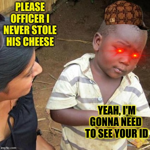 Third World Skeptical Kid | PLEASE OFFICER I NEVER STOLE HIS CHEESE; YEAH, I'M GONNA NEED  TO SEE YOUR ID | image tagged in memes,third world skeptical kid | made w/ Imgflip meme maker
