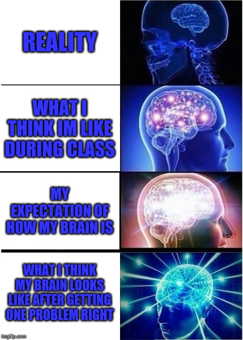 Expanding Brain Meme | REALITY; WHAT I THINK IM LIKE DURING CLASS; MY EXPECTATION OF HOW MY BRAIN IS; WHAT I THINK MY BRAIN LOOKS LIKE AFTER GETTING ONE PROBLEM RIGHT | image tagged in memes,expanding brain | made w/ Imgflip meme maker
