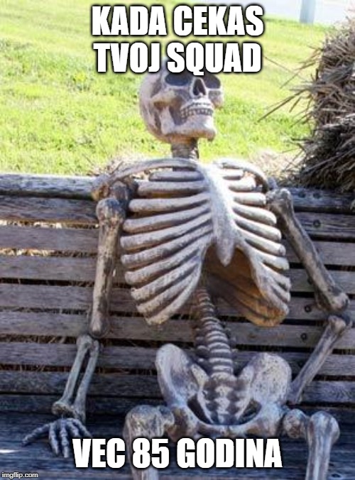 Waiting Skeleton Meme | KADA CEKAS TVOJ SQUAD; VEC 85 GODINA | image tagged in memes,waiting skeleton | made w/ Imgflip meme maker
