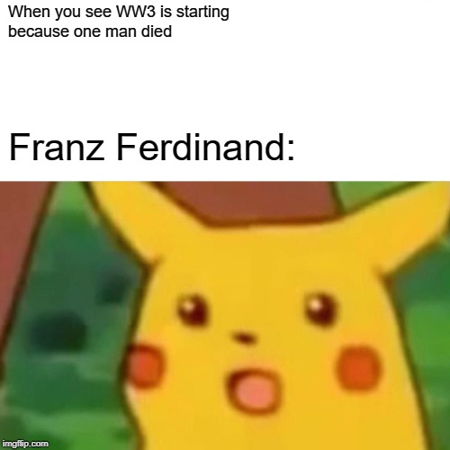 Surprised Pikachu Meme | When you see WW3 is starting
because one man died; Franz Ferdinand: | image tagged in memes,surprised pikachu | made w/ Imgflip meme maker