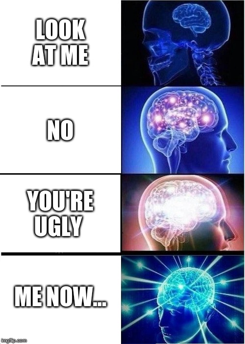 Expanding Brain | LOOK AT ME; NO; YOU'RE UGLY; ME NOW... | image tagged in memes,expanding brain | made w/ Imgflip meme maker
