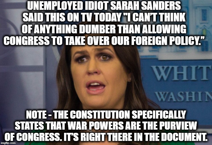 These Are The People On Your Side. You Must Be So Proud. | UNEMPLOYED IDIOT SARAH SANDERS SAID THIS ON TV TODAY "I CAN’T THINK OF ANYTHING DUMBER THAN ALLOWING CONGRESS TO TAKE OVER OUR FOREIGN POLICY.”; NOTE - THE CONSTITUTION SPECIFICALLY STATES THAT WAR POWERS ARE THE PURVIEW OF CONGRESS. IT’S RIGHT THERE IN THE DOCUMENT. | image tagged in sarah huckabee sanders,donald trump,congress,foreign policy,idiot,constitution | made w/ Imgflip meme maker