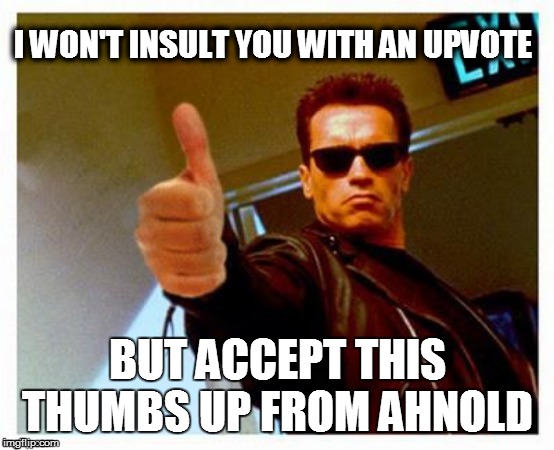 I WON'T INSULT YOU WITH AN UPVOTE BUT ACCEPT THIS THUMBS UP FROM AHNOLD | made w/ Imgflip meme maker