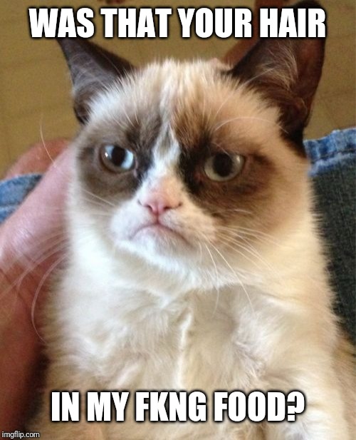 Grumpy Cat | WAS THAT YOUR HAIR; IN MY FKNG FOOD? | image tagged in memes,grumpy cat | made w/ Imgflip meme maker