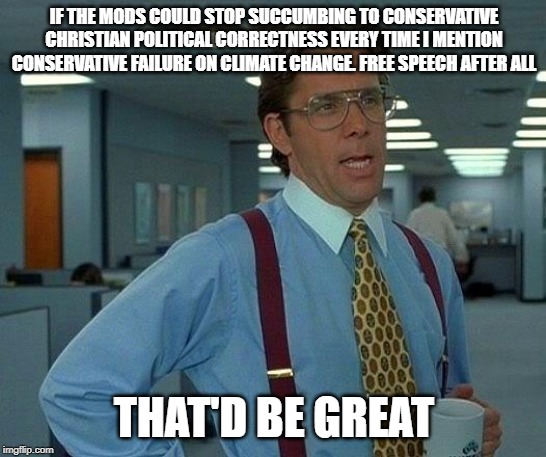 That Would Be Great Meme | IF THE MODS COULD STOP SUCCUMBING TO CONSERVATIVE CHRISTIAN POLITICAL CORRECTNESS EVERY TIME I MENTION CONSERVATIVE FAILURE ON CLIMATE CHANGE. FREE SPEECH AFTER ALL; THAT'D BE GREAT | image tagged in memes,that would be great,AdviceAnimals | made w/ Imgflip meme maker