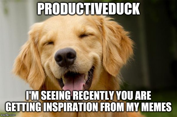 Happy Dog |  PRODUCTIVEDUCK; I'M SEEING RECENTLY YOU ARE GETTING INSPIRATION FROM MY MEMES | image tagged in happy dog | made w/ Imgflip meme maker
