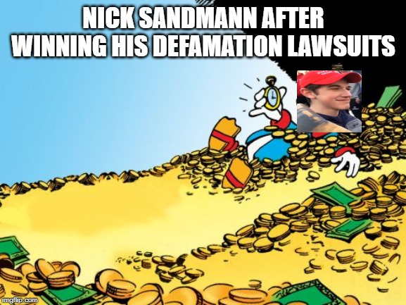 Rich Sandmann | NICK SANDMANN AFTER WINNING HIS DEFAMATION LAWSUITS | image tagged in memes,scrooge mcduck,nick sandmann,cnn,fake news,lawsuit | made w/ Imgflip meme maker