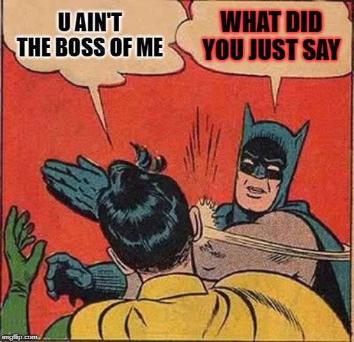 Batman Slapping Robin | U AIN'T THE BOSS OF ME; WHAT DID YOU JUST SAY | image tagged in memes,batman slapping robin | made w/ Imgflip meme maker