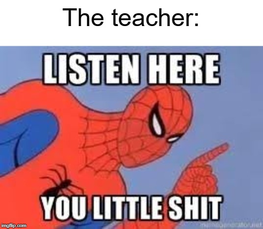 NOW LISTEN HERE YOU LITTLE SHIT | The teacher: | image tagged in now listen here you little shit | made w/ Imgflip meme maker