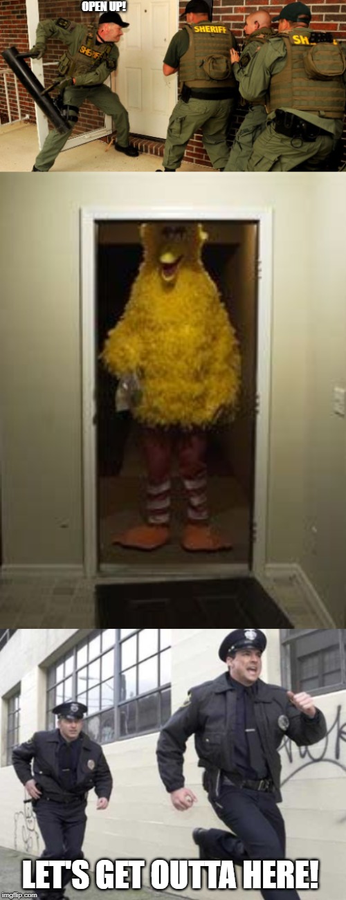 RUN!! | OPEN UP! LET'S GET OUTTA HERE! | image tagged in big bird door,police,funniest meme,hold up,fallout boy,ohno | made w/ Imgflip meme maker