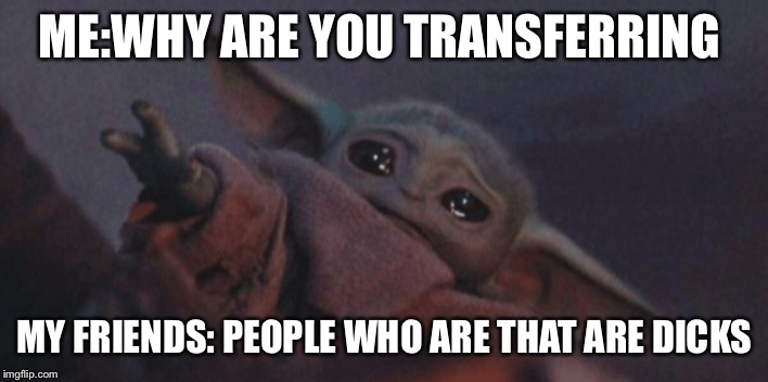 Baby yoda cry | ME:WHY ARE YOU TRANSFERRING; MY FRIENDS: PEOPLE WHO ARE THAT ARE DICKS | image tagged in baby yoda cry | made w/ Imgflip meme maker