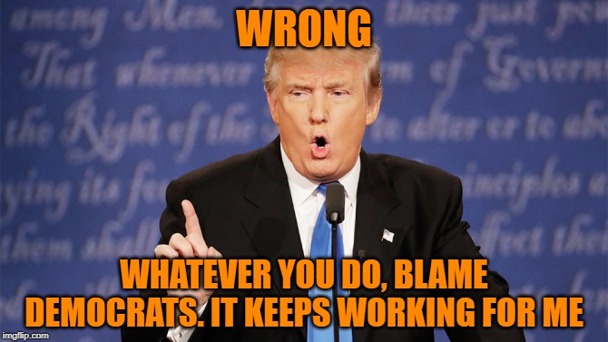 A bit more personal responsibility in society would be great... if Republicans practiced it! | WRONG; WHATEVER YOU DO, BLAME DEMOCRATS. IT KEEPS WORKING FOR ME | image tagged in donald trump wrong,wrong,criminal,conservative hypocrisy,trump,impeach trump | made w/ Imgflip meme maker