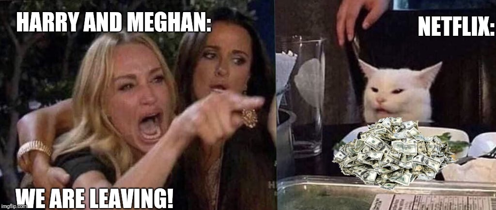The Crown: Season 6 | NETFLIX:; HARRY AND MEGHAN:; WE ARE LEAVING! | image tagged in woman yelling at cat | made w/ Imgflip meme maker