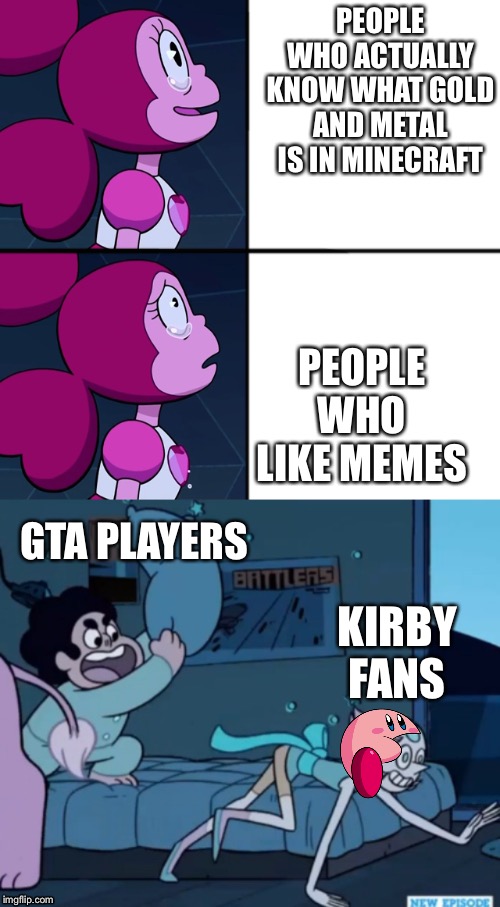 PEOPLE WHO ACTUALLY KNOW WHAT GOLD AND METAL IS IN MINECRAFT; PEOPLE WHO LIKE MEMES; GTA PLAYERS; KIRBY FANS | image tagged in steven universe,spinel | made w/ Imgflip meme maker