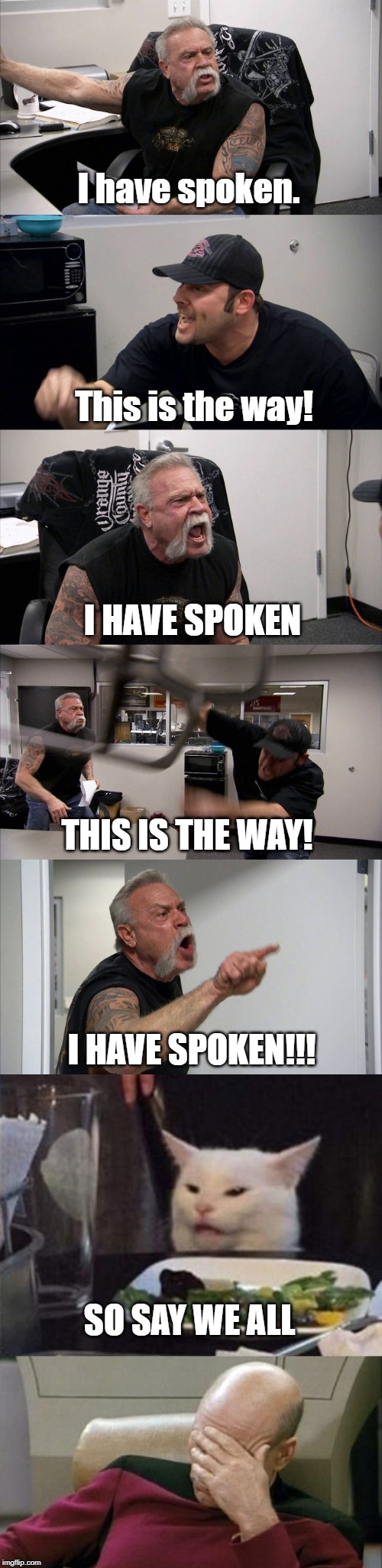 I have spoken. This is the way! I HAVE SPOKEN; THIS IS THE WAY! I HAVE SPOKEN!!! SO SAY WE ALL | image tagged in memes,captain picard facepalm,american chopper argument,angry lady cat | made w/ Imgflip meme maker