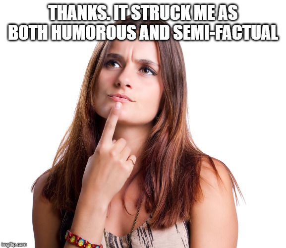 thinking woman | THANKS. IT STRUCK ME AS BOTH HUMOROUS AND SEMI-FACTUAL | image tagged in thinking woman | made w/ Imgflip meme maker