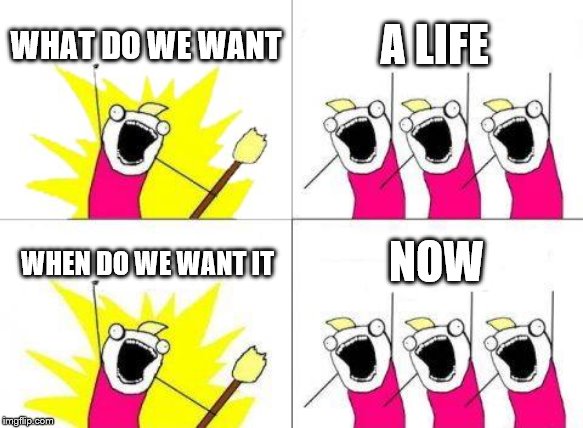 What Do We Want | WHAT DO WE WANT; A LIFE; NOW; WHEN DO WE WANT IT | image tagged in memes,what do we want | made w/ Imgflip meme maker
