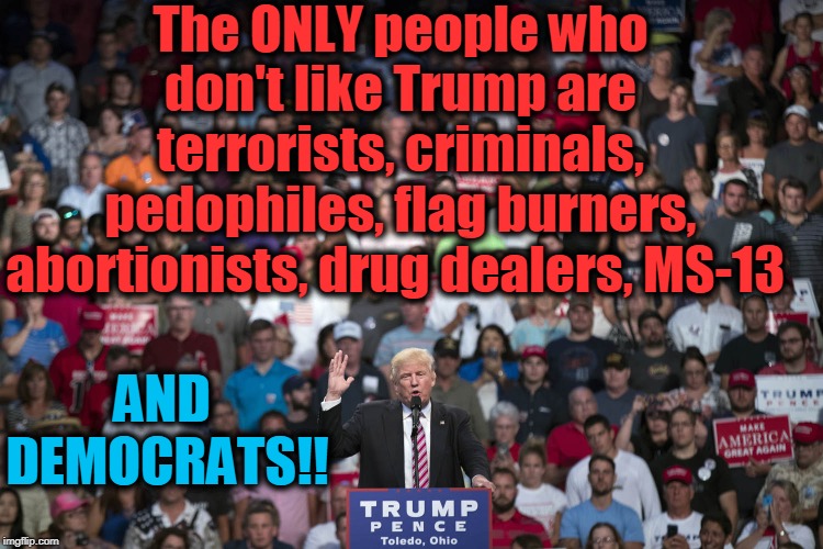 BAM! | The ONLY people who don't like Trump are terrorists, criminals, pedophiles, flag burners, abortionists, drug dealers, MS-13; AND 
DEMOCRATS!! | image tagged in politics,political meme,political humor,politics lol,politician,american politics | made w/ Imgflip meme maker