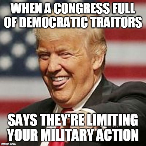 Don DGAF | WHEN A CONGRESS FULL OF DEMOCRATIC TRAITORS; SAYS THEY'RE LIMITING YOUR MILITARY ACTION | image tagged in trump laughing,trump,donald trump,democrats,iran | made w/ Imgflip meme maker