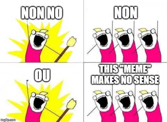 What Do We Want Meme | NON NO; NON; THIS "MEME" MAKES NO SENSE; OU | image tagged in memes,what do we want | made w/ Imgflip meme maker