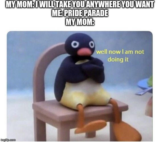 well now I am not doing it | MY MOM: I WILL TAKE YOU ANYWHERE YOU WANT

ME: PRIDE PARADE

MY MOM: | image tagged in well now i am not doing it | made w/ Imgflip meme maker
