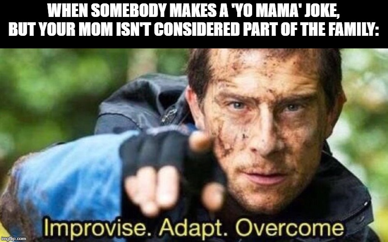Improvise. Adapt. Overcome | WHEN SOMEBODY MAKES A 'YO MAMA' JOKE, BUT YOUR MOM ISN'T CONSIDERED PART OF THE FAMILY: | image tagged in improvise adapt overcome,yo mama,jokes | made w/ Imgflip meme maker