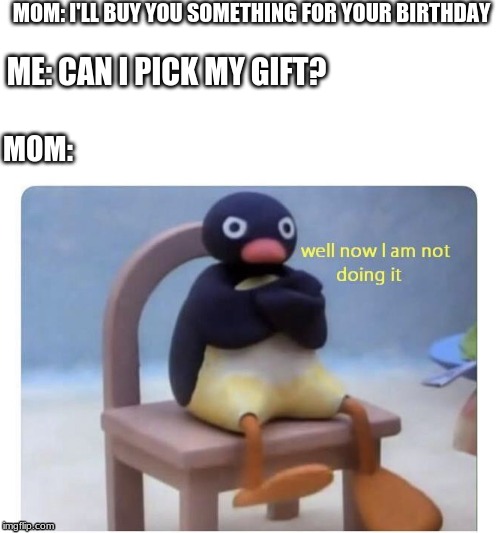 My life every year | MOM: I'LL BUY YOU SOMETHING FOR YOUR BIRTHDAY; ME: CAN I PICK MY GIFT? MOM: | image tagged in well now i am not doing it | made w/ Imgflip meme maker