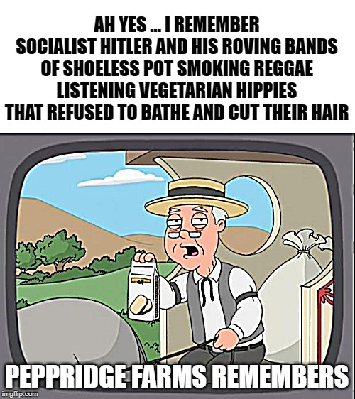 peperidge  | AH YES ... I REMEMBER SOCIALIST HITLER AND HIS ROVING BANDS OF SHOELESS POT SMOKING REGGAE LISTENING VEGETARIAN HIPPIES THAT REFUSED TO BATHE AND CUT THEIR HAIR; PEPPRIDGE FARMS REMEMBERS | image tagged in peperidge | made w/ Imgflip meme maker