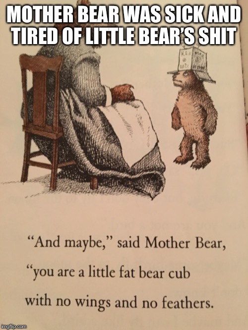 Damn Mother Bear, why do you have to crush his hopes and dreams like that? |  MOTHER BEAR WAS SICK AND TIRED OF LITTLE BEAR’S SHIT | image tagged in memes | made w/ Imgflip meme maker