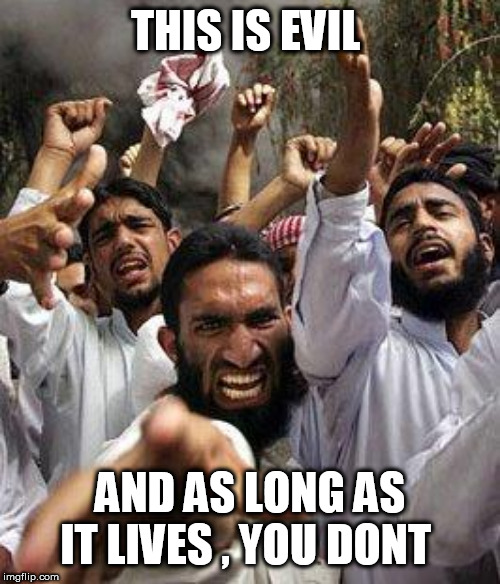 angry muslim | THIS IS EVIL; AND AS LONG AS IT LIVES , YOU DONT | image tagged in angry muslim | made w/ Imgflip meme maker