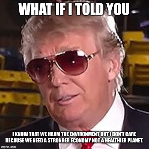 Trump Morpheus  | WHAT IF I TOLD YOU I KNOW THAT WE HARM THE ENVIRONMENT BUT I DON’T CARE BECAUSE WE NEED A STRONGER ECONOMY NOT A HEALTHIER PLANET. | image tagged in trump morpheus | made w/ Imgflip meme maker