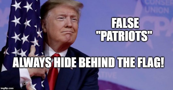 fake patriots 2 | FALSE "PATRIOTS"; ALWAYS HIDE BEHIND THE FLAG! | image tagged in trump,traitor,liar,flag | made w/ Imgflip meme maker