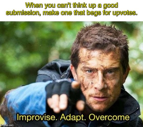 Bear Grylls Improvise Adapt Overcome | When you can't think up a good submission, make one that begs for upvotes. | image tagged in bear grylls improvise adapt overcome | made w/ Imgflip meme maker