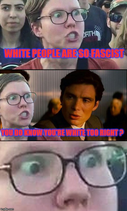 Inception Liberal | WHITE PEOPLE ARE SO FASCIST; YOU DO KNOW YOU'RE WHITE TOO RIGHT ? | image tagged in inception liberal | made w/ Imgflip meme maker