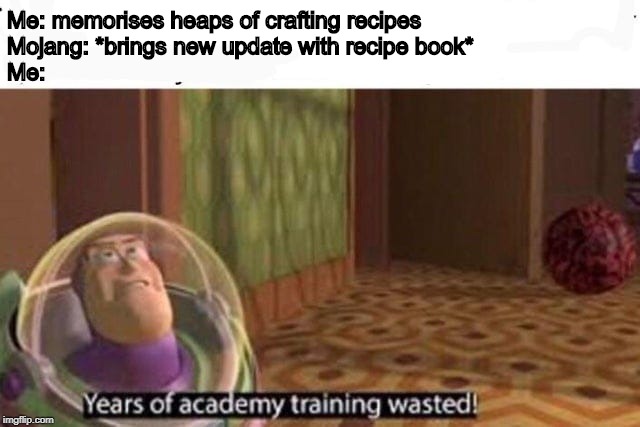 Years Of Academy Training Wasted | Me: memorises heaps of crafting recipes
Mojang: *brings new update with recipe book*
Me: | image tagged in years of academy training wasted | made w/ Imgflip meme maker