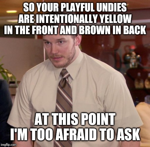 Afraid To Ask Andy Meme | SO YOUR PLAYFUL UNDIES ARE INTENTIONALLY YELLOW IN THE FRONT AND BROWN IN BACK; AT THIS POINT I'M TOO AFRAID TO ASK | image tagged in memes,afraid to ask andy | made w/ Imgflip meme maker