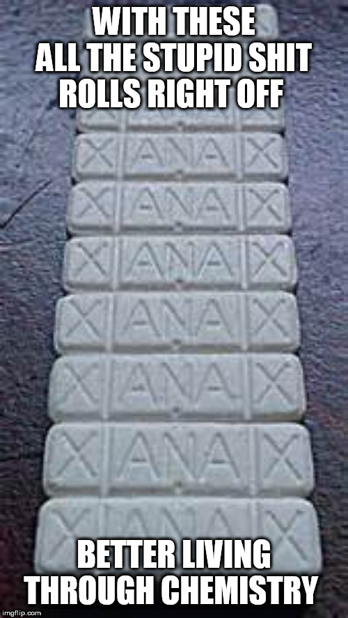 Xanax | WITH THESE ALL THE STUPID SHIT ROLLS RIGHT OFF; BETTER LIVING THROUGH CHEMISTRY | image tagged in xanax | made w/ Imgflip meme maker