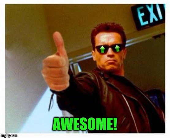 Terminator Thumbs Upvote | AWESOME! | image tagged in terminator thumbs upvote | made w/ Imgflip meme maker